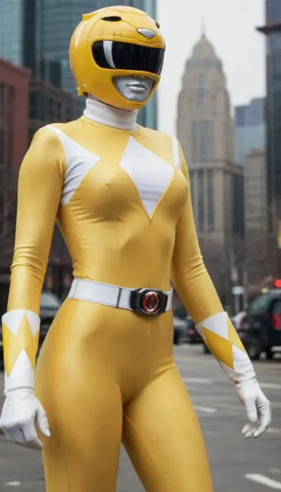 Yellow Power Ranger, girl with Power Rangers torn suit, helmet, yellow ranger by Power Rangers TVshow, with a exaggerated huge breasts, cameltoe pussy, details trinked, in surreal scene city, <lora:Yellow_Power_Ranger:.8>