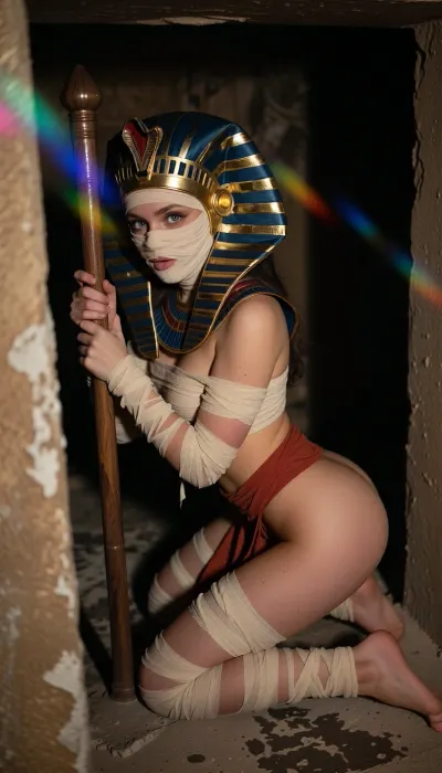 This realistic high-angle, medium-shot photograph features a candid, analog quality with slight flash illumination and fine film grain, reminiscent of 1990s party photography. The central subject is a young adult woman in her early twenties, vignetting, colorful lens flares, soft focus with motion blur, and analog filter effects, subtle light leaks on the left edge, subtle ethereal light leaks on the left edge, and fine vertical scratches, creating a nostalgic and atmospheric aesthetic with a shallow depth of field that softly blurs the distant background. A professional fine-art silver gelatin print with a muted, sophisticated color grade. The scene is in soft chiaroscuro lighting, creating deep shadows and luminous highlights. Center focus, High contrast, grainy film texture 8K, HDR, realistic, solo, The composition is centered, with the subject framed by a an ancient tomb or mysterious enclosed space, creating a sense of depth.She is captured in a dynamic, animalistic and creeping pose, body coiled and twisted, hips raised, back arched, legs bent like a panther about to spring on viewer. The head is bowed and facing the viewer.Her body and face are tightly wrapped in aged cream-colored bandages with dark sepia lines and folds, narrow glowing yellow eyes peer through the facial wrappings. She wears an oversized detailed dark teal and bronze Egyptian Tutanchamun headdress with horizontal gold bands and small circular ornaments, plus a rust-red waist wrap.She is holding a long, heavy, and richly decorated wooden staff.
A dim, shadowy interior with a warm brown background and a softly textured, aged-stone or earthen appearance. The glowing eyes provide a small, bright focal accent, soft ambient brown light and gentle gradients give the scene a cinematic, moody quality. The oversized headdress dominates the upper portion while the exaggerated foreground perspective makes the lower torso appear especially prominent. The colour palette is subdued and grimy, using cold greys, dirty greens, stale amber, and faint infected reds. Texture is important, peeling paint, mildew, stained fabric, wet concrete, dust, smoke, and age-worn materials. Framing should feel unnerving, with negative space, partial concealment, and visual tension. The figure should feel like a dangerous presence inhabiting the space rather than posing for the camera, masterful and breathtaking picture. creating a atmospheric aesthetic, intimate vertical composition, creating a serene, 8k resolution, photorealistic