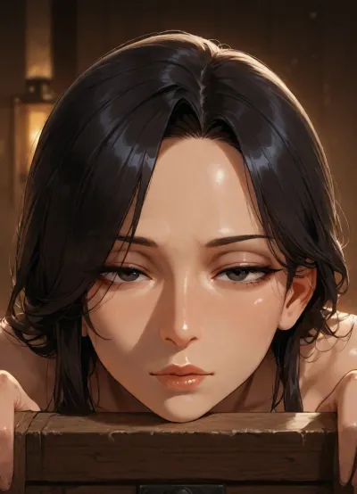 masterpiece, best quality, absurdres, newest, highres, 1girl, solo, mature female, adult, tan skin, black hair, dark eyes, hooked nose, narrow face, thin lips, wooden stocks, torchlight, glare, unwilling, close-up, detailed face
