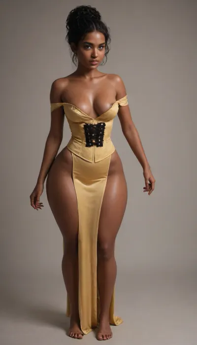 [Princess belle], very dark Nigeria African woman, (very dark black skin:2), medium breasts, (nip slip:1.5), [Golden yellow off-the-shoulder ball gown, warm rich yellow, corset], breast pushing against clothes, fullbody photo, studio background, skinny waist, (wide hips:1.6), very tight top, over flowing breasts, Curvy, body, <lora:b8174d41-8ba7-4318-bc14-53ee7e353d91.TA_trained:.8>, melanin, <lora:melanin-XL:.8>