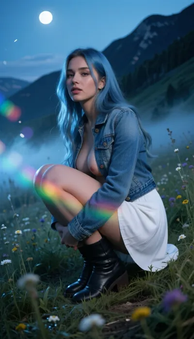 This realistic high-angle, medium-shot photograph features a candid, analog quality with slight flash illumination and fine film grain, reminiscent of 1990s party photography. The central subject is a silhouette of a young adult woman in her late twenties, vignetting, colorful lens flares, soft focus with motion blur, and analog filter effects, subtle light leaks on the left edge, subtle ethereal light leaks on the left edge, and fine vertical scratches, creating a nostalgic and atmospheric aesthetic with a shallow depth of field that softly blurs the distant background. A professional fine-art silver gelatin print with a muted, sophisticated color grade. The scene is in soft chiaroscuro lighting, creating deep shadows and luminous highlights.
looking at viewer, curvy, beautiful eyes, masterpiece, best quality, amazing quality, highly detailed, very aesthetic, long shimmering blue wig, large breasts, denim jacket, white dress, ankle boots, mountain meadow, wildflowers, blue sky, silhouette of full body view, from above, moonlight, hugging her own knees. she is wearing a denim jacket over a white dress. in a mountain meadow. atmospheric pale-blue misty shimmering meadow in soft-focus bokeh, cinematic low-angle perspective, moody magical lighting, sharp focus., seductive poseing, Studio Ghibli-inspired atmosphere in an live action set, dramatic chiaroscuro, saturated hues.

The atmosphere is cozy. Low light with low exposure. Smartphone aesthetic, high resolution, shallow depth of field, mild noise, candid, raw. Extreme photorealism, subsurface scattering and natural skin indentations. Fine film grain, controlled soft indalation, rich analog color separation, low camera angle, intimate and highly detailed atmosphere.. Center focus, High contrast, grainy film texture 8K, HDR, realistic, Photo Style & Lighting, A cinematic 35mm night photograph, fine film grain, deep shadows, soft volumetric light cutting through the darkness, subtle highlight bloom on skin and fluids. Photorealistic, hyper-detailed skin texture with realistic pores, subsurface scattering