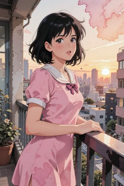 A watercolor anime in the 1980s aesthetic, a masterpiece, depicted in a three-quarter view. A girl with short black bobbed hair, soft bangs, and slightly tousled strands, large hazel eyes with highlights, a light blush, her mouth slightly parted, her gaze turned slightly to the side. She stands on the balcony of an old house, one hand resting calmly on the dark metal railing, the other hand hanging over the railing. She wears a short pink dress with a white sailor collar and a small bow on the chest, and short puff sleeves with white cuffs, the fabric features vibrant watercolor streaks and pink splotches. In the background, a wall with peeling paint and a clay pot with a green flowering plant. Beyond the railing, a dense cityscape at sunset, a low sun, a warm orange-pink sky, clouds, the silhouettes of high-rises and rooftops, with a street and trees below. Soft, hand-drawn outlines reminiscent of ’80s anime, translucent paper, watercolor splotches, golden hour, warm backlighting, and a detailed background.