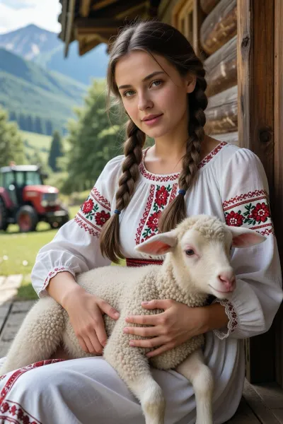 A realistic photograph depicting a beautiful Slavic woman with two long plaits, sitting on the porch of a rustic log cabin in a white linen dress with a red floral pattern and lace trim. She is gently cradling a meticulously rendered lamb on her lap. The lamb features scientifically accurate anatomy, realistic split black hooves, horizontal sheep’s pupils and short, curly wool. In the background is a softly blurred green valley with mountains and a small red tractor, bathed in bright afternoon sunlight. Taken with a shallow depth of field, this photograph is a hyper-realistic photorealistic masterpiece in 8K format, (natural lighting), .