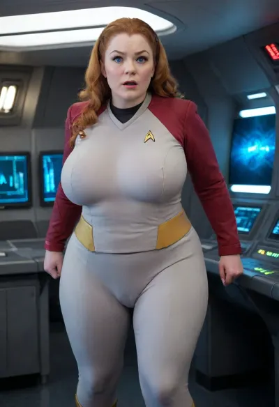 1 very large BBW woman 40yo, very massive large breasts, gigantics boobs, blue eyes, long curly ginger hair, Star Trek red SNW uniform, inside the Enterprise, running towards the camera, stsnwunf, uniform, visible cameltoe, light grey pants, belt holster phaser, plump, skindentation, chubby, bbw, venus, body, big, breasts, ass, cameltoe, <lora:SNWXLV2:1.2>, <lora:Chubby BBW - XL:1.5>, <lora:cameltoe XL:1.2>, <lora:milkers_v2:2>