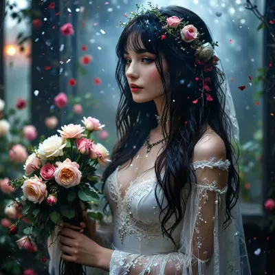 [KTA], (Dark Fantasy Artwork), artistic, low angle, detailed gothic ink drawing, b/w linework, violet-magenta cosmic accents, sharp silhouettes, intricate lace, elegant horror, elegant profile portrait set against clean white negative space, a belle roughly 40-year-old cosmic bride with a floral head, large lace bridal hat and veil, lavishly adorned with dark roses and ribbons, face entirely replaced by a dark veil of roses, long dark hair with straight bangs visible beneath the veil, calm, cold, eerie aura, cosmic elements within the veil, a deep galactic void filled with nebulae, stars, glowing particles, and dark cosmic smoke, dark, thorny vines winding around her like living shadows, holding a disturbing bridal bouquet of pale roses entwined with dripping shadows and interlaced roots, smoky, romantic cosmic decay, delicate, silent bridal nightmare, natural beauty, /KlTTY-ART/, <lora:COMFYUI_mimic_landscape_-_XL_SDXL v2.0:.1>, <lora:MJ52:.1>, <lora:attractive_notrigger:.1>