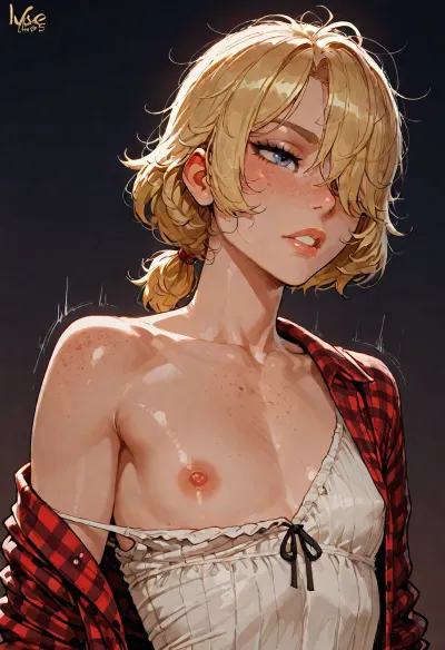 (reiq meets innv and Jack cayless art style), (Incase style:1.2), upper body, blonde hair, short hair, messy hair, low ponytail, bangs over eye, symmetrical eyes, snub nose, plumb lips, parted lips, teeth visible, dusty blue eyes, flat chest, erect puffy nipples, 1girl, solo, (motion lines), freckles everywhere, realistic detailed, deep insertion, rim light, flannel shirt, ((dressed)), one bare shoulder, (dark background, simple background:1.8), skin texture, futuristic-fantasy-anime, incase, style, <lora:sd_xl_turbo_lora_v1-64dim:2>, <lora:futureistic_fantasy_anime_sdxl_v1:2>, <lora:Incase_Style__SDXL:2>