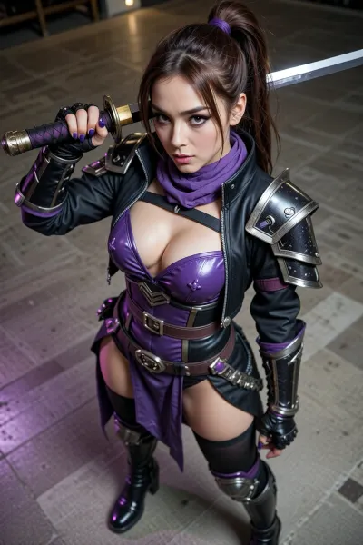 A Beautiful Korean Goddess, Extra Cute, Purple Scarf, Purple Choker, Black Eye Makeup, Purple Fingernails, Black Leggings, Purple Breastplate, Black Shrouded Armored Jacket, Purple Belt, Black Fingerless Gloves, Purple And Black Leather Boots, Holding a Samurai Sword, Brown Ponytail, Standing, Full Body view, high-angle shot, sharp focus, depth of field, 8k photo, HDR, professional lighting, taken with Canon EOS R5, DSLR, 75mm lens
