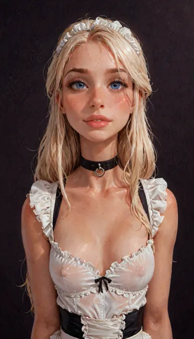(reiq meets innv and Jack cayless art style), (Incase style:1.2), beautiful girl, blonde hair, very long hair, friendly slight smile showing her teeth, (face closeup), (((solo))), (black choker), (narrow waist), (sexy abs), (ruined makeup:.6), bangs over eye, symmetrical blue eyes, snub nose, plumb lips, parted lips, teeth visible, half-closed eyes, small breasts, (erect nipples), 1girl, ((face focus)), beads of sweat, sweat body, beautiful curves of the body, realistic detailed, deep insertion, intim light, (maid outfit), (simple dark background:1.8), skin texture, futuristic-fantasy-anime, incase, style, (ciri), (cirilla), <lora:sd_xl_turbo_lora_v1-64dim:2>, <lora:futureistic_fantasy_anime_sdxl_v1:2>, <lora:Incase_Style__SDXL:2>, <lora:SDXL_BetterFaces-LoRA_v1:.8>, <lora:Witcher3TurnXL_v1:.8>