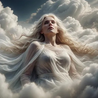 ghost person, old woman 40 yrs old in white cape, wrapped around her very long flowing blonde hair, lying on white clouds, <lora:Ghostly_Style_SDXL:.8>