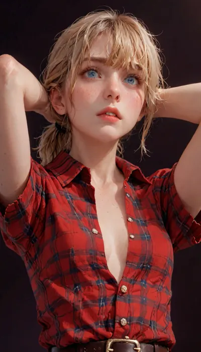 blonde hair, short hair, messy hair, low ponytail, bangs over eye, symmetrical eyes, snub nose, plumb lips, parted lips, teeth visible, dusty blue eyes, looking down, natural boobs, erect puffy nipples, 1girl, solo, (motion lines), freckles everywhere, realistic detailed, rim light, red flannel dress with a belt, short sleeves, unbuttoned top, ((dressed)), (dark background, simple background:1.8), skin texture, futuristic-fantasy-anime, incase, style, view from below, hands behind head, <lora:sd_xl_turbo_lora_v1-64dim:2>, <lora:futureistic_fantasy_anime_sdxl_v1:2>, <lora:Incase_Style__SDXL:2>