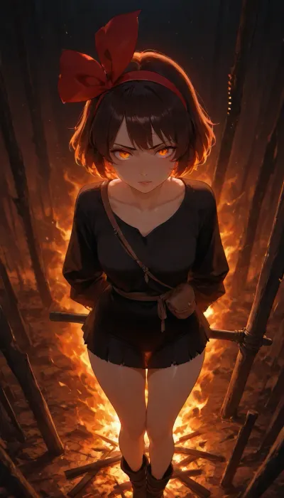 Studio Ghibli Style, (burning Kiki as a witch at the stake:1), full-body shot, front view from slightly above, detailed face, crystal clear face, perfect eyes, perfect lips, piercing red-glowing eyes, ((image of Kiki burning at the stake)), big red hairband, dark brown hair in bangs, wearing her loose black smock, (Kiki's big red hairband), arms behind back, legs together, (Kiki is tied to a stake standing in a huge bonfire), tied to a wooden pole, Kiki is on fire, Kiki is standing in the middle of a bonfire, only one Kiki, nothing but fire, the ground is on fire, Kiki's thighs are on fire, everywhere fire, fire, that, looks, like..., letitbrn, <lora:Studio Ghibli Style:2>, <lora:Aether_Fire_v1_SDXL_LoRA:2>, <lora:- SDXL - letitbrn_let_it_burn_V1.0:1.8>
