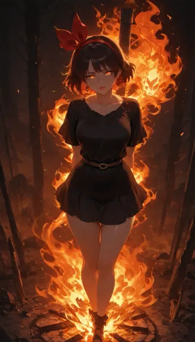 Studio Ghibli Style, (burning Kiki as a witch at the stake:1), full-body shot, front view from slightly above, detailed face, crystal clear face, perfect eyes, perfect lips, piercing red-glowing eyes, ((image of Kiki burning at the stake)), big red hairband, dark brown hair in bangs, wearing her loose black smock, (Kiki's big red hairband), arms behind back, legs together, (Kiki is tied to a stake standing in a huge bonfire), tied to a wooden pole, Kiki is on fire, Kiki is standing in the middle of a bonfire, only one Kiki, nothing but fire, the ground is on fire, Kiki's thighs are on fire, everywhere fire, that, looks, like..., letitbrn, <lora:Studio Ghibli Style:2>, <lora:Aether_Fire_v1_SDXL_LoRA:2>, <lora:- SDXL - letitbrn_let_it_burn_V1.0:1.8>, flame, spirit, glowing, bright, red-orange, on, fire, hair, <lora:EnvyElementalFireXL01:.8>