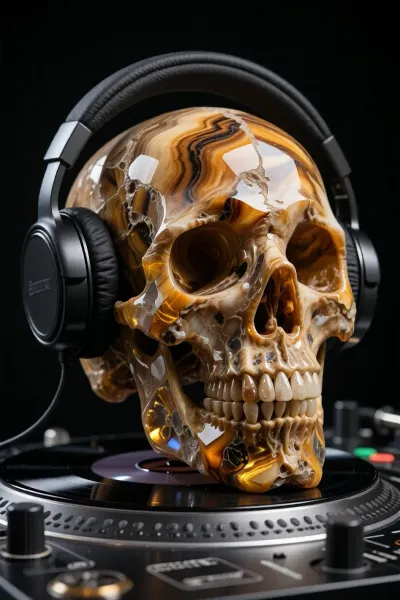 Product photo, professional photograph captured with a full-frame DSLR camera using an 85mm prime lens, bottom-up view, close-up shot. spectacular high-art luxury human skull, exquisitely hand-carved from a solid piece of natural highly-textured gemstone, showcasing layers of shimmering golden tiger's eye, amber agate, and raw veins of translucent quartz. The skull features a raw, realistic mineral texture with microscopic fissures, crystalline facets, and natural organic stone character, catching the light brilliantly. Wearing professional modern DJ headphones made of premium matte-black brushed metal and soft leather. The skull is positioned as the central subject over a professional DJ turntable setup. Isolated on an absolute, solid black background. Soft professional studio lighting with multiple light sources creates sharp focus and dramatic, even illumination with subtle volumetric shadows, emphasizing the rich amber and golden crystalline stone layers. Maximum detail, best image quality, realistic photography style.
