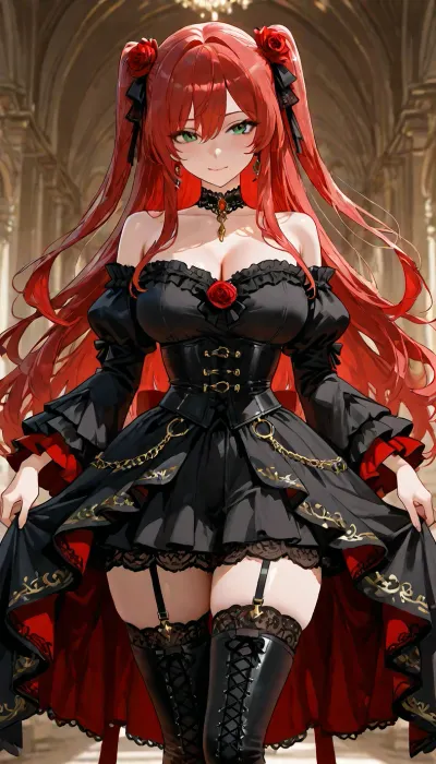 A stunning anime girl with long flowing crimson-red hair cascading behind her, a large red rose and black ribbon in her hair, bright green eyes, and a confident slight smile. She wears a white off-shoulder blouse, highly detailed face, intricate facial featureslarge detailed green eyes with catchlights and defined eyelashes, delicate nose and lips, subtle blush, refined facial structure, sharp focus on the face, beautiful detailed skin, with puffy ruffled sleeves and red ribbon bows, a black laced underbust corset decorated with red roses and dangling gold chains, a black high-low gothic skirt with a vivid red underside, black garter straps, sheer black thigh-high stockings, and black lace-up boots. A black choker is around her neck.walking head held high., <lora:victorian_dress-XL-2.0:2>, <lora:add-detail-xl:1.2>, <lora:attractive_notrigger:1.2>, <lora:detailed_notrigger:1.2>, <lora:LCMTurboMix_Euler_A_fix:1.2>