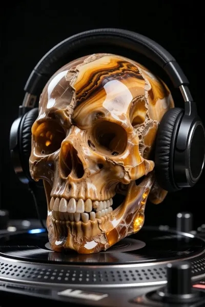 Product photo, professional photograph captured with a full-frame DSLR camera using an 85mm prime lens, bottom-up view, close-up shot. spectacular high-art luxury human skull, exquisitely hand-carved from a solid piece of natural highly-textured gemstone, showcasing layers of shimmering golden tiger's eye, amber agate, and raw veins of translucent quartz. The skull features a raw, realistic mineral texture with microscopic fissures, crystalline facets, and natural organic stone character, catching the light brilliantly. Wearing professional modern DJ headphones made of premium matte-black brushed metal and soft leather. The skull is positioned as the central subject over a professional DJ turntable setup. Isolated on an absolute, solid black background. Soft professional studio lighting with multiple light sources creates sharp focus and dramatic, even illumination with subtle volumetric shadows, emphasizing the rich amber and golden crystalline stone layers. Maximum detail, best image quality, realistic photography style.
