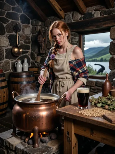 Cinematic portrait of a strong beautiful Scottish woman, 27 years old, distinctive Celtic features, natural redhead hair loosely braided or tied back, pale freckled complexion, deep green eyes, wearing a rough linen apron over a simple woolen dress, ((tartan plaid shirt or shawl wrapped around her shoulders —
unmistakably Scottish)), a thistle flower tucked into her apron or hair, ((she is actively brewing traditional Scottish ale —
stirring a large steaming copper brewing kettle
with a long wooden paddle)), ((the large copper kettle sits directly on the stone floor
on a low stone hearth — NOT on a table)), ((low peat fire burning directly under the kettle
at ground level, no fireplace, no chimney, just stones arranged on the floor supporting the kettle)), visible steam rising from the hot wort, ((rich dark amber liquid with visible foam head, beer foam bubbling on the surface of the wort)), malted barley grains scattered on the wooden workbench, dried hop cones visible on the table, ((a traditional pint glass of dark Scottish ale
sitting prominently on the foreground counter, rich amber color, thick creamy foam head)), traditional wooden oak ale barrels stacked behind her, ceramic ale jugs with cork stoppers, copper ladle hanging on the stone wall, inside a rustic Highland stone farmhouse brewery, thick rough stone walls, dark aged wooden beams overhead, no fireplace, no chimney, no hearth structure, small window open to the Scottish Highlands, ((dramatic Highland landscape visible through window —
misty rolling green hills, a dark still loch reflecting the cloudy sky, low grey clouds and morning mist over the water, (in the background, in the lake, Loch Ness monster silhouette, diplodocus shape with head up))), ((tack sharp focus on her face)), highly detailed realistic skin texture with freckles, shallow depth of field, background softly blurred, warm amber and deep brown tones inside, cool grey-green tones outside through window, cinematic dramatic lighting, National Geographic editorial photography aesthetic, shot on Sony A7R V, 85mm f/1.8, ISO 800, hyper realistic, ultra detailed