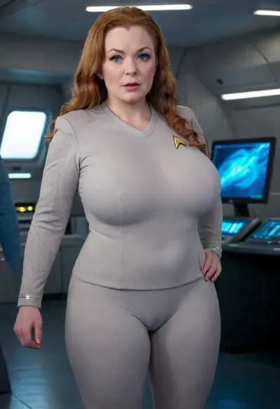 1 very large BBW woman 40yo, very massive large breasts, gigantics boobs, blue eyes, long curly ginger hair, Star Trek SNW uniform, standing in entreprise, (enterprise deck), stsnwunf, uniform, visible cameltoe, light grey pants, plump, skindentation, chubby, bbw, venus, body, big, breasts, ass, cameltoe, <lora:SNWXLV2:1.2>, <lora:Chubby BBW - XL:1.5>, <lora:cameltoe XL:1.2>, <lora:milkers_v2:2>