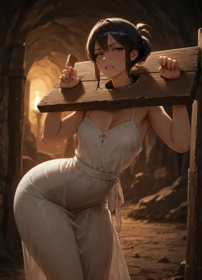 masterpiece, best quality, absurdres, newest, highres, very aesthetic, 1girl, solo, mature female, adult, nsfw, short woman, tan skin, black hair, messy bun, dark eyes, hooked nose, narrow face, small breasts, narrow hips, lye-cracked hands, peasant dress, skirt, wooden stocks, pillory, bent over, neck locked, wrists locked, cave, torchlight, dirt floor, unwilling, glare, clenched teeth, looking back, cowboy shot, detailed face, detailed hands, cinematic lighting