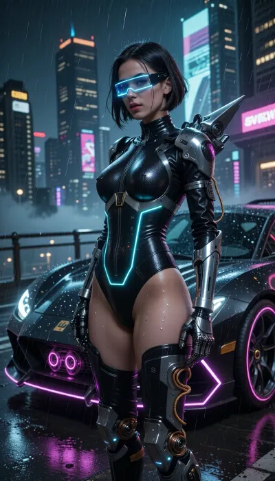A masterclass cinematic cyberpunk illustration. The central subject is a strikingly beautiful 22-year-old cyberpunk woman with sharply defined features and an asymmetrical dark bob glistening with rainwater. She wears a high-tech ultrathin cybernetic visor, an ultra-sleek, borderless obsidian glass band wrapped tightly across her eyes, emitting a sharp horizontal line of electric cyan laser-light and dense, glowing holographic data-streams flickering across its reflective surface.

She stands in a confident pose next to a sleek, low-slung futuristic cyberpunk sports car parked on a rain-slicked, neon-bathed elevated street overlooking a vast nocturnal megacity. Her outfit features a high-end, richly detailed tactical bodysuit crafted from matte black leather, reinforced carbon-fiber plating, illuminated glowing trim lines along her waist, and high-tech armored thigh-high boots.

Her cybernetic augmentations include refined chrome conduits, visible fiber-optic cables, integrated micro-hydraulic joints, and advanced mechanical cybernetic arms featuring polished titanium plating, copper wiring, and glowing micro-sensors. Mounted on her upper back is a compact high-tech jetpack unit with sleek titanium stabilizer fins.

The futuristic car beside her features razor-sharp aerodynamic lines, a dark matte obsidian body, glowing neon underglow strips in deep magenta, exposed glowing engine components, and rain-streaked metallic surfaces reflecting the surroundings. The setting is a rain-soaked cyberpunk metropolis at night, with colossal skyscrapers, floating holographic advertisements, and dense fog stretching to the horizon. The scene is bathed in dramatic, high-contrast volumetric lighting blending deep magenta, teal, and electric cyan. Cinematic depth of field, razor-sharp focus on the character and vehicle, soft-bokeh background, Unreal Engine 5 render aesthetic, global illumination, 8k resolution.