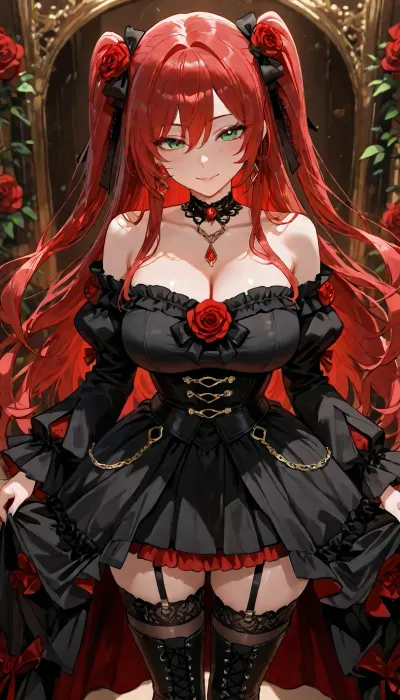 A stunning anime girl with long flowing crimson-red hair cascading behind her, a large red rose and black ribbon in her hair, bright green eyes, and a confident slight smile. She wears a white off-shoulder blouse, highly detailed face, intricate facial featureslarge detailed green eyes with catchlights and defined eyelashes, delicate nose and lips, subtle blush, refined facial structure, sharp focus on the face, beautiful detailed skin, with puffy ruffled sleeves and red ribbon bows, a black laced underbust corset decorated with red roses and dangling gold chains, a black high-low gothic skirt with a vivid red underside, black garter straps, sheer black thigh-high stockings, and black lace-up boots. A black choker is around her neck.walking head held high., <lora:victorian_dress-XL-2.0:2>, <lora:add-detail-xl:1.2>, <lora:attractive_notrigger:1.2>, <lora:detailed_notrigger:1.2>, <lora:LCMTurboMix_Euler_A_fix:1.2>