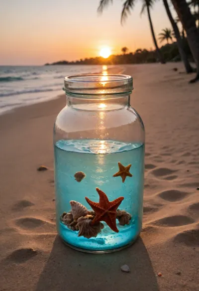 A cylindrical glass jar filled with a miniature tropical beach landscape, (glistening turquoise water:1.2), at the top rim with, (subtle water droplets:1.1), cascading down, the scene inside the jar depicts a serene sunset over the ocean, silhouettes of palm trees along a sandy beach, (vibrant warm sunset colors:1.3), transitioning to deep oranges and soft purples, the bottom of the jar is layered with, (intricate seashells and starfish:1.4), nestled in fine beach sand, hyper-realistic glass texture, sharp focus, (cinematic lighting:1.2), macro photography style, blurred palm tree leaves in the background, bokeh effect, 8k resolution, ethereal atmosphere, highly detailed textures, vibrant colors, magical coastal aesthetic