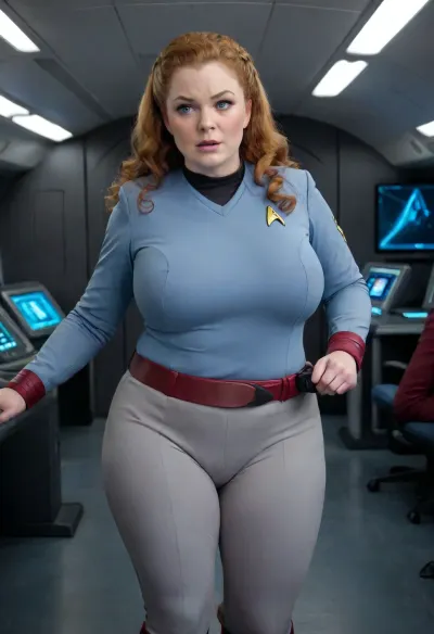1 very large BBW woman 40yo, very massive large breasts, gigantics boobs, blue eyes, long curly ginger hair, Star Trek red SNW uniform, inside the Enterprise, running towards the camera, stsnwunf, uniform, visible cameltoe, light grey pants, belt holster phaser, plump, skindentation, chubby, bbw, venus, body, big, breasts, ass, cameltoe, <lora:SNWXLV2:1.2>, <lora:Chubby BBW - XL:1.5>, <lora:cameltoe XL:1.2>, <lora:milkers_v2:2>