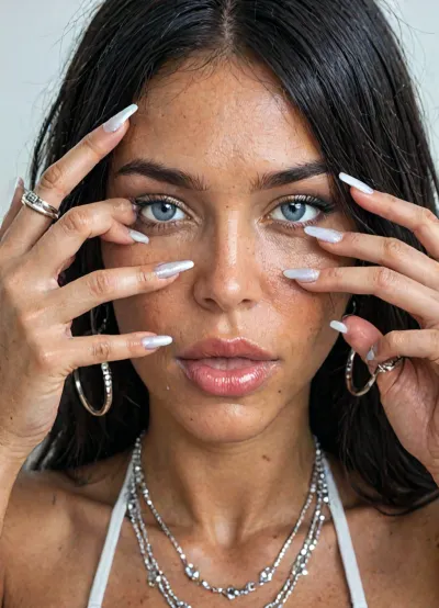 (masterpiece, high quality, cinematic, 8k, UHD, high realism, highest detail), beautiful 18 year old girl, (very puffy dark areolas:1.4), (thick erected big dark nipples:1.4), (close-up at nails:1.4), (long black hair:1.5), blue eyes, freckles, huge saggy breasts, skinny, (silver micro skirt), (silver micro bikini top:1.4), (nipple slip:1.2), black silk stockings, gladiator very high heels, one leg knee, colourful bracelets, colourful necklaces, dark tan skin, natural lipstick, colourful rings, (perfect manicured very long polish nails:1.4), diamonds choker, hairy pubis, (lots of long silver necklaces:1.3), (((she wear lots of extremely detailed silver and diamonds small rings in every finger:1.95))), but, <lora:BUT_SDXL_SHS:.8>, <lora:LCMTurboMix_Euler_A_fix:.3>, longnips, <lora:longnipsxl:.8>