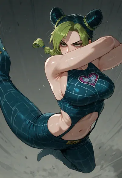 (Ratatatat74), (jolyne cujoh), solo, (dynamic pose:1.5), <lora:ratatatat74-000050:.8>
