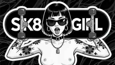 pure monochrome sticker illustration, high resolution black and white tattoo flash inspired graphic art, clean vector like linework, crisp inked contours, bold simplified shapes, dense solid black fills, subtle gray stippling and controlled cross hatching, screen printed sticker aesthetic, authentic die cut sticker appearance, strong graphic stylization, flat illustrative rendering, high contrast black gray and white palette, the typography is a priority element, on the left half of the board, "SK8", on the right half of the board, "GIRL", both inscriptions are separate typographic elements placed directly on the black underside of the board, SK8 must remain one compact uninterrupted three character alphanumeric logo, S followed immediately by K followed immediately by 8, all three characters on one horizontal baseline, tightly grouped, large, bold, crisp, white, and clearly readable, GIRL must remain one compact uninterrupted four letter wordmark on the right side, matching SK8 in typeface, weight, height, and visual presence, the trucks stay near the far outer ends and may overlap the typography only minimally while every character remains legible, adult nude woman, 25 years old, stylized punk board girl shown from approximately the waist upward, bold symmetrical frontal composition, perfectly centered, short straight jet black bob haircut ending around jaw length, heavy blunt fringe across the forehead, glossy graphic hair highlights, large oversized black sunglasses covering most of the upper face, thick shiny lenses with small white reflections, head tilted slightly backward, mouth open in a rebellious playful expression, full outlined lips, visible tongue, large circular hoop earrings, black choker with a small rectangular buckle, simple chain necklace with a small rectangular padlock pendant, small firm upturned breasts with long prominent nipples, exaggerated comic pinup proportions, both arms raised outward and upward while holding the board horizontally behind her head and shoulders, hands gripping the board close to both outer ends, board viewed from below with trucks and wheels clearly visible, simplified but recognizable hardware, several tattoo motifs across both forearms and upper arms, bold flowers, tiny symbols, decorative flash style elements, crisp black outlines around the full silhouette, broad white die cut sticker border surrounding the woman and the board, thin black outer contour, isolated physical sticker resting on dark wrinkled textured fabric, authentic printed surface, slightly distressed ink texture, gently uneven die cut edge, visually very close to classic underground skate sticker art and black ink pinup flash illustration