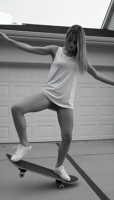 ultra photorealistic black and white action photography, adult woman, 24 years old, slim naturally athletic build, dynamic candid suburban skate moment, medium full body shot, she is balancing on a skateboard in a driveway directly in front of a closed double garage door, both arms stretched wide outward for balance, body slightly twisted, one knee bent deeply and lifted, the other leg bearing her weight on the board, the skateboard tilted at an angle as if she is performing a small freestyle trick or unstable landing, head lowered and turned slightly to the side, long blonde hair falling forward and partly covering her face, creating a spontaneous anonymous feeling, loose sleeveless light colored tank top with a casual worn texture and faint printed lettering, the fabric pulled and draped naturally across the chest and torso by movement, very short fitted shorts, low cut white sneakers with visible laces and slightly worn soles, realistic skin texture, subtle muscle tone in the legs, natural body tension, candid imperfect posture, concrete driveway with faint surface texture and a dark seam or cable line visible in the foreground, soft overcast daylight, high contrast monochrome tonality, slightly grainy documentary look, shallow motion blur in the moving limbs and hair while the body remains readable, authentic street snapshot aesthetic, unposed energy, raw realism, no glamour polish, realistic full frame photography, 50 mm lens, natural perspective, suburban background kept simple and unobtrusive, emphasis on movement, balance, spontaneity and believable everyday skate culture atmosphere