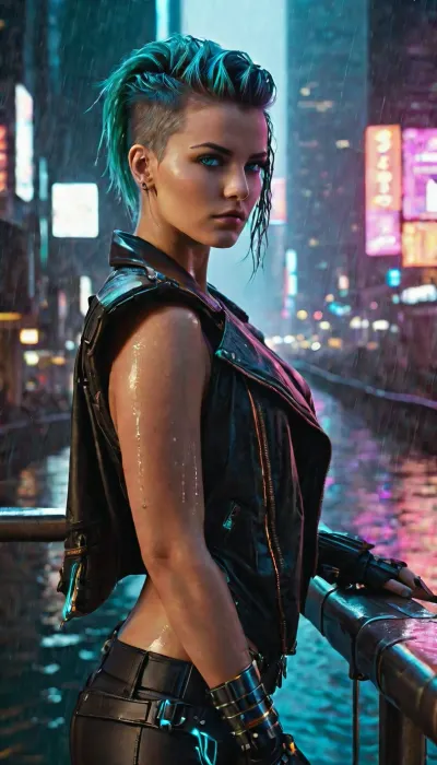 A masterful cinematic photograph, the pinnacle of photorealistic cyberpunk portraiture. The central subject is a strikingly beautiful 22-year-old cyberpunk woman with sharply defined features and luminous electric cyan eyes revealing intricate iris detail. She wears a brown leather jacket with visible surface scuffs and deep creased texture, worn wide open over tight-fitting black leather pants with reinforced stitching and metallic zippers, reveling her breasts.

Her hair is styled in a sharp, edgy cyberpunk mohawk glistening with rainwater. Affixed directly over her right eye is an intricate square cybernetic monocle implant, a dark optical frame with reinforced brass-and-copper housing, featuring a glowing cyan HUD lens with flickering micro-data streams, tiny crosshairs, and holographic UI elements projected onto her pupil. Delicate silver wires, micro-solder points, and hyper-detailed copper circuits branch out from the frame, running seamlessly along her cheekbone and anchoring into her temple with small titanium dermal studs.

Her entire left arm is a heavy industrial cybernetic prosthesis made of segmented matte-finish titanium plates, visible rotating mechanical elbow joints, exposed bundled copper and fiber-optic cables emitting a faint blue glow, hydraulic piston actuators along the forearm, and articulate robotic fingers gripping a railing.

She stands in a relaxed, confident pose on a rain-slicked, elevated steel walkway overlooking a vast, neon-bathed nocturnal megacity. Her expression is serene, piercing, and intensely cinematic. The rendering captures raw organic skin texture, including subtle micro-pores, fine downy hair, and realistic water droplets trickling down her cheeks.

The setting is a rain-soaked cyberpunk metropolis in the dead of night, featuring colossal skyscrapers, floating holographic advertisements, and a dense fog stretching to the horizon. A walkway descends toward a flooded, glowing esplanade below that reflects the brilliant neon lights. The scene is bathed in dramatic, high-contrast volumetric lighting—blending deep magenta, teal, and electric cyan—that cuts through the thick atmospheric haze and driving rain. Captured with a professional 85mm prime lens at f/1.4, cinematic depth of field, razor-sharp focus on the face, soft-bokeh background, hyper-realistic fabric textures, natural leather creases, volumetric light rays, 8k resolution.