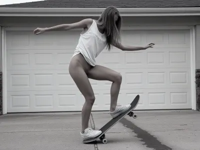 ultra photorealistic black and white action photography, adult woman, 24 years old, slim naturally athletic build, dynamic candid suburban skate moment, medium full body shot, she is balancing on a skateboard in a driveway directly in front of a closed double garage door, both arms stretched wide outward for balance, body slightly twisted, one knee bent deeply and lifted, the other leg bearing her weight on the board, the skateboard tilted at an angle as if she is performing a small freestyle trick or unstable landing, head lowered and turned slightly to the side, long blonde hair falling forward and partly covering her face, creating a spontaneous anonymous feeling, loose sleeveless light colored tank top with a casual worn texture and faint printed lettering, the fabric pulled and draped naturally across the chest and torso by movement, very short fitted shorts, low cut white sneakers with visible laces and slightly worn soles, realistic skin texture, subtle muscle tone in the legs, natural body tension, candid imperfect posture, concrete driveway with faint surface texture and a dark seam or cable line visible in the foreground, soft overcast daylight, high contrast monochrome tonality, slightly grainy documentary look, shallow motion blur in the moving limbs and hair while the body remains readable, authentic street snapshot aesthetic, unposed energy, raw realism, no glamour polish, realistic full frame photography, 50 mm lens, natural perspective, suburban background kept simple and unobtrusive, emphasis on movement, balance, spontaneity and believable everyday skate culture atmosphere