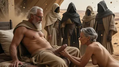 A realistic and intimate interior scene depicts an elderly man with white hair, glasses, and a long white beard, sitting on a bed, interacting with an elderly woman with short, gray hair. The man is shirtless, revealing a wrinkled chest and a prominent belly, while the woman, kneeling on the floor, partially turned, is naked. Positioned before him, she reaches her right hand toward his erect penis.

Cinematic wide shot, group of mysterious hooded figures, evoking the aesthetics of Dune, draped in textured desert robes layered in shades of sand beige, dusty brown and charcoal grey, faceless figures, shaded depth, desert atmosphere, golden brown dust particles in the air, soft and diffused backlighting, epic scale, science fiction concept art, highly detailed fabric folds, muted earth tones, dramatic shadows, mysterious and unsettling ambiance, 8K resolution, volumetric lighting, masterpiece, complex textures, cinematic composition, trending on ArtStation.