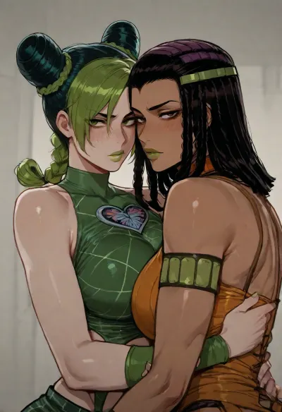 (Ratatatat74), (jolyne cujoh), (Ermes Costello), 2girls, looking at viewer, <lora:ratatatat74-000050:.8>