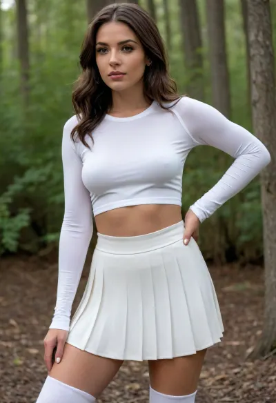 (long black layered wavy hair:1.5), chest-length hair, soft loose waves, natural volume, side-parted hairstyle, smooth silky texture, subtle highlights, hair flowing naturally over shoulders, realistic movement, dark eyelashes, tired expression, mouth slightly open, silver hoop earrings, black leather choker, (cropped long-sleeve fitted sports top:1.9), light-blue color, high-performance athletic fabric, smooth matte finish, lightweight stretch material, body-hugging fit, short cropped length ending above the navel, long sleeves extending to wrists, high neckline with short front zipper, minimal seam lines, clean sporty silhouette, modern tennis aesthetic, (sheers thigh-high white socks:1.6), over-the-knee sheers white socks, sheers long white socks, (high-waist white pleated skirt:1.8), tennis skirt or skater skirt style, structured accordion pleats, smooth stretch fabric with matte finish, clean waistband, flattering A-line silhouette, short mini length, subtle natural fabric movement, (thick wet mud smeared across the body:1.5), muddy stains on skin, realistic swamp mud texture, clumped wet soil adhering to skin, uneven thick layers of mud on arms, legs, neckline, stomach, waist, thighs, and shoulders, visible dried-and-wet mud contrast, dark brown and gray mud tones, mud caught in skin pores and body contours, realistic dirt shading, natural grime buildup, cinematic realism, gritty atmospheric detail, atmosphere & lighting, soft diffused daylight filtered through dense forest canopy, natural green color cast from surrounding vegetation, subdued highlights, low-to-medium contrast, realistic shadow softness, gentle ambient light reflecting from swamp water, no harsh light, no flash, no artificial rim light, color grading, earthy forest palette, dominant moss green and olive tones, muted saturation, slightly warm skin tones, soft blacks, natural whites, cinematic film-like color response, realistic moisture and humidity feel, (arched back:1.4), expressiv, sexy pose, stylish posture, dynamic pose, playful pose, cute pose, provocative pose, seductive pose, naughty pose, dynamicpose, setting, she is lying with provocative pose or slightly leaning forward to the camera, posture at the edge of a natural forest swamp, damp mossy ground beside shallow dark-green water, detailed muddy textures, tangled exposed roots and old fallen logs around her, dense wild vegetation, ferns, reeds, and low shrubs, towering trees with heavy canopies, sunlight dimly filtered through the foliage, no fog, no mist, everything clear and sharply visible, realistic earthy tone