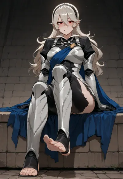(Ratatatat74), (Corrin), solo, dressed, armor, sitting, foot, toes, stepping on viewer, <lora:ratatatat74-000050:.8>