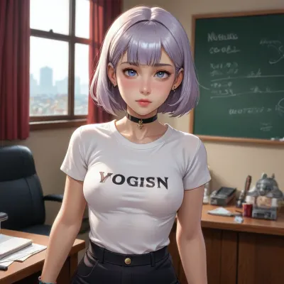 noelle from genshin impact dross style reiq Teacher 20 years old, perfect lighting, perfect skin, surreal, 8k resolution, super detailed, Instagram model, professional photography, egirl make-up, Sleek Straight blond short Hair Back, (youth clothing style, e-girl style, slim graphic T-shirt, ((tight leggins)), choker, jewelry, bracelet on the wrist, exposed breasts, medium breasts, Nordic, freckles, lifelike face, slim, slim body, athletic body)