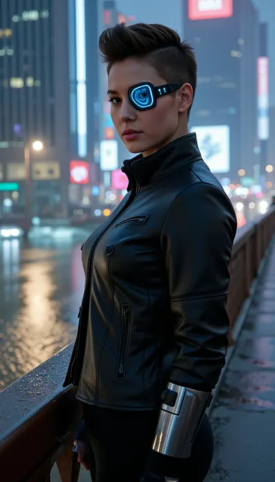 A masterful cinematic photograph, the pinnacle of photorealistic cyberpunk portraiture. The central subject is a strikingly beautiful 22-year-old cyberpunk woman with sharply defined features and luminous electric cyan eyes revealing intricate iris detail. She wears a worn black leather jacket layered over a high-end tactical suit crafted from ballistic nylon and dark carbon-fiber armor plating, blending sleek "street-tech" elegance, reveling her breasts.

Her hair is styled in a sharp, edgy cyberpunk mohawk glistening with rainwater. Over her right eye is a square electronic monocle implant with glowing cyan HUD micro-displays and fine copper wiring integrated into her temple. Her left arm is an advanced polished-titanium prosthesis featuring complex mechanical segmentation, copper wiring, delicate chrome conduits, visible fiber-optic cables, and glowing micro-sensors.

She stands in a relaxed, confident pose on a rain-slicked, elevated steel walkway overlooking a vast, neon-bathed nocturnal megacity. Her expression is serene, piercing, and intensely cinematic. The rendering captures raw organic skin texture, including subtle micro-pores, fine downy hair, and realistic water droplets trickling down her cheeks.

The setting is a rain-soaked cyberpunk metropolis in the dead of night, featuring colossal skyscrapers, floating holographic advertisements, and a dense fog stretching to the horizon. A walkway descends toward a flooded, glowing esplanade below that reflects the brilliant neon lights. The scene is bathed in dramatic, high-contrast volumetric lighting—blending deep magenta, teal, and electric cyan—that cuts through the thick atmospheric haze and driving rain. Captured with a professional 85mm prime lens at f/1.4, cinematic depth of field, razor-sharp focus on the face, soft-bokeh background, hyper-realistic fabric textures, natural cloth folds, volumetric light rays, 8k resolution.
