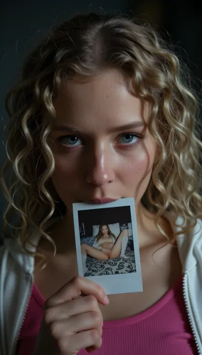 A close-up, high-quality of a young woman with curly blonde hair, looking directly into the camera with an intense and slightly melancholic expression. Her light-colored eyes are fixed on the viewer. She is holding a small, square nude autoportrait instant polaroid photograph, (shows her lying on a patterned bedspread, hands positioned on her pubic area), between her lips. The lighting is moody and dramatic, with a focus on her face, creating a soft glow around her features while the background fades into deep shadow. She is wearing a pink top under a white zip-up hoodie. The style is reminiscent of stylized digital character art, capturing a cinematic and intimate moment with realistic textures on skin and hair, amateur aesthetic, high detail, sharp focus, atmospheric lighting.