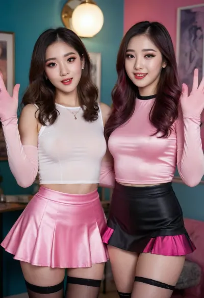 (@nyantcha), (@spellsx), Perfect colour gradient, pink accents, ordered, clean, Brunette hair, natural, freckles, stunning beauty, two woman, long eccentric hair, black hair, lipstick, dark eyeshadow, Cute giggle, in love, blushing, shy, embarrassed, Pink accents, Cute miniskirt, Stockings, Tight shirt, Silk gloves, K-pop superstar
