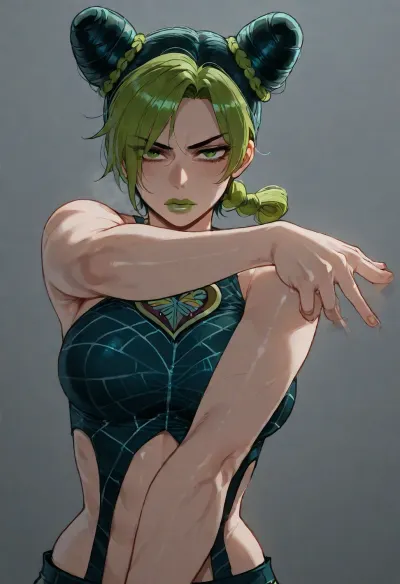 (Ratatatat74), (jolyne cujoh), solo, jojo pose, looking at viewer, <lora:ratatatat74-000050:.8>