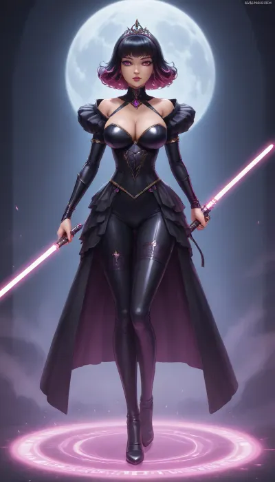 Score_10, A photorealistic, full-body portrait of a tall, striking adult woman elegant Sith Lord. Preserve her natural appearance and proportions. She has a long, softly sculpted oval face with a gently tapered jaw, narrow rounded chin, and a smooth forehead. Her eyebrows are thin, sexy shaped and softly arched. Her large almond-shaped eyes are naturally light green-hazel with a darker outer rim, framed by long, dense eyelashes. As a Sith, transform her irises into luminous amber-gold with subtle fiery orange undertones while maintaining their original shape. She has a slender, straight nose with a softly rounded, tip. Her lips are normal and sexual, with a Cupid’s bow, and soft natural pink coloring. Her complexion is warm and dark sun-kissed with realistic darkly tanned skin, Neon Pink hair is long and curly, majority is swept back dramatically.
She has a slender neck, gently sloping shoulders and a tall, distinctly curvaceous hourglass figure. Her bust is, her rib cage and midsection narrow, and her waist defined with thin hips. Her arms are long and lean with soft natural definition, hands are slender with medium fingers. full shapely thighs and long, proportionate legs. Keep her anatomy realistic, feminine and naturally balanced. sexy lingerie battled hardened Sith Lord rather than a bulky armored soldier. Her fitted Sith ensemble is predominantly anodized pink and metallic black, following the contours of her tall hourglass figure, with elegant, subtle armor panels and polished metallic-pink detailing. flowing black Sith cloak that moves dramatically behind her. Her posture is upright and commanding, shoulders back, chin slightly raised, conveying controlled confidence and quiet danger.
In one hand she holds a spectacular custom pink lightsaber. The blade is brilliant hot-magenta pink, vivid pink atmospheric glow illuminating her face, hand and surrounding surfaces. Its hilt is luxurious polished black onyx, with pink diamond, slender and elegant, dark inset grip sections, intricate mechanical detailing and an ornate sculpted emitter. Give her a calm, sexual expression rather than exaggerated anger. Her bright neon pink eyes, elegant appearance and composed demeanor should contrast with the threatening energy of the weapon. Use cinematic dramatic lighting, realistic skin, hair and fabric detail, subtle atmospheric haze, strong pink reflections from the lightsaber, deep shadows, and mirrored highlights. Full body, head-to-toe composition, realistic proportions, high-end cinematic, pink perfect eyes, huge breasts, <lora:princess_xl_v2:.8>, dress, <lora:xl_princess_dress-2.0:.8>, Bl4ckF1r3, woman, blackhair, outfit, bodysuit, <lora:Blackfire:.8>, sapphire, (jewel, princess), short, hair, ahoge, blue, eyes, medium, breasts, ornament, ribbon, <lora:eea6761f-fe03-461b-b012-c132ffe0dbe4.TA_trained:.8>, Z4r4, Th3, Pr1nc3ss, M4g1c14n, princess, weapon, attack, pose, monster, <lora:Zara_The_Princess_Magician:.8>