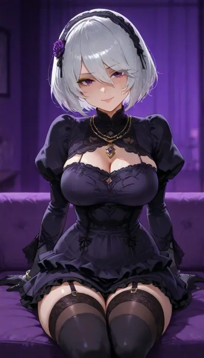 (((Nier 2B android))), (perfect face:2), sweet cute expression, sweet smile, purple goth dark make up, purple eye liner, 25 years old cutie, ((purple background, lurid neon blurry background, lounge sofa room)), slick lustrous hair arm strong lighting, necklace, bracelet, garter stockings