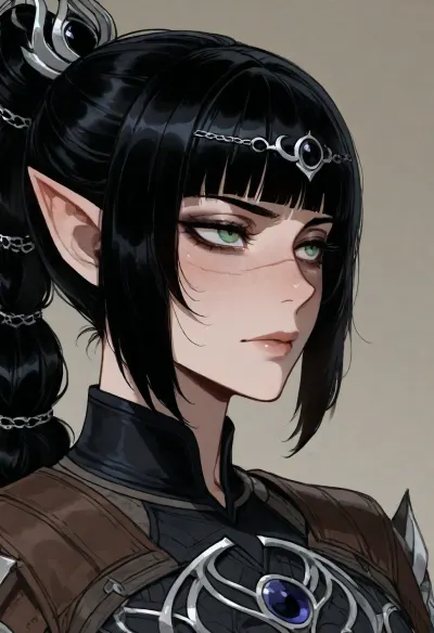 (Ratatatat74), (Shadowheart from Baldur's Gate 3, nose scar, black hair, light green eyes), simple background, <lora:ratatatat74-000050:.8>