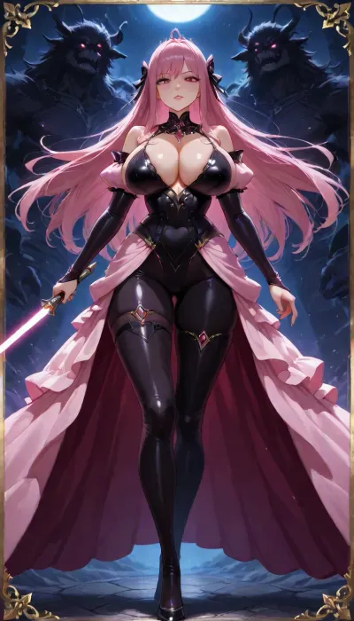 Score_10, A photorealistic, full-body portrait of a tall, striking adult woman elegant Sith Lord. Preserve her natural appearance and proportions. She has a long, softly sculpted oval face with a gently tapered jaw, narrow rounded chin, and a smooth forehead. Her eyebrows are thin, sexy shaped and softly arched. Her large almond-shaped eyes are naturally light green-hazel with a darker outer rim, framed by long, dense eyelashes. As a Sith, transform her irises into luminous amber-gold with subtle fiery orange undertones while maintaining their original shape. She has a slender, straight nose with a softly rounded, tip. Her lips are normal and sexual, with a Cupid’s bow, and soft natural pink coloring. Her complexion is warm and dark sun-kissed with realistic darkly tanned skin, Neon Pink hair is long and curly, majority is swept back dramatically.
She has a slender neck, gently sloping shoulders and a tall, distinctly curvaceous hourglass figure. Her bust is, her rib cage and midsection narrow, and her waist defined with thin hips. Her arms are long and lean with soft natural definition, hands are slender with medium fingers. full shapely thighs and long, proportionate legs. Keep her anatomy realistic, feminine and naturally balanced. sexy lingerie battled hardened Sith Lord rather than a bulky armored soldier. Her fitted Sith ensemble is predominantly anodized pink and metallic black, following the contours of her tall hourglass figure, with elegant, subtle armor panels and polished metallic-pink detailing. flowing black Sith cloak that moves dramatically behind her. Her posture is upright and commanding, shoulders back, chin slightly raised, conveying controlled confidence and quiet danger.
In one hand she holds a spectacular custom pink lightsaber. The blade is brilliant hot-magenta pink, vivid pink atmospheric glow illuminating her face, hand and surrounding surfaces. Its hilt is luxurious polished black onyx, with pink diamond, slender and elegant, dark inset grip sections, intricate mechanical detailing and an ornate sculpted emitter. Give her a calm, sexual expression rather than exaggerated anger. Her bright neon pink eyes, elegant appearance and composed demeanor should contrast with the threatening energy of the weapon. Use cinematic dramatic lighting, realistic skin, hair and fabric detail, subtle atmospheric haze, strong pink reflections from the lightsaber, deep shadows, and mirrored highlights. Full body, head-to-toe composition, realistic proportions, high-end cinematic, pink perfect eyes, huge breasts, <lora:princess_xl_v2:.8>, dress, <lora:xl_princess_dress-2.0:.8>, Bl4ckF1r3, woman, blackhair, outfit, bodysuit, <lora:Blackfire:.8>, sapphire, (jewel, princess), short, hair, ahoge, blue, eyes, medium, breasts, ornament, ribbon, <lora:eea6761f-fe03-461b-b012-c132ffe0dbe4.TA_trained:.8>, Z4r4, Th3, Pr1nc3ss, M4g1c14n, princess, weapon, attack, pose, monster, <lora:Zara_The_Princess_Magician:.8>