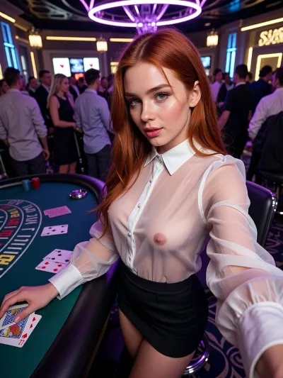 Luxury casino, a lot of people.Casino dealer redhead girl in a transparent blouse and a short black skirt.neon light. She's dealing the cards.Selfie POV