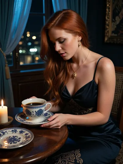 cinematic realistic shot of a beautiful 25 years old redhead woman intensively looking at the inside of a slightly tilted, (empty), ((small)), (((traditional coffee cup)), in which there is a little bit of coffee dark cream), inside an elegant interior at night, her expression showing she is discovering a secret, slightly shocked with subtle smile, she sits gracefully at a small wooden table near an open window, mysterious dark eyes focused on the patterns inside the empty cup, elegant dark silky dress with subtle oriental details, delicate gold jewelry, long redhead hair., (a candle on the table projects warm dramatic light on her face and hairs), relaxed feminine posture, atmosphere of mystery, intimacy and storytelling, traditional coffee set on the table, intricate ceramic saucer, (city nightfall lights softly visible in the background), rich textures, warm shadows, walls are in darkness, sheer and blue marine curtains, ((Underexposed)), strong contrasts, cinematic realism, beautiful realistic facial features, natural skin texture, elegant sensuality, shallow depth of field