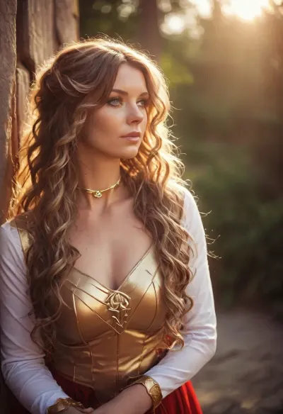low angle, close up, outdoor, (cosplay:2), warmaid, belle high female, 40 yo, arched back, european, her long hair is styled in loose curls, warm skin tone, accessories, natural beauty, /KlTTY-ART/, <lora:COMFYUI_mimic_landscape_-_XL_SDXL v2.0:.1>, <lora:MJ52:.5>