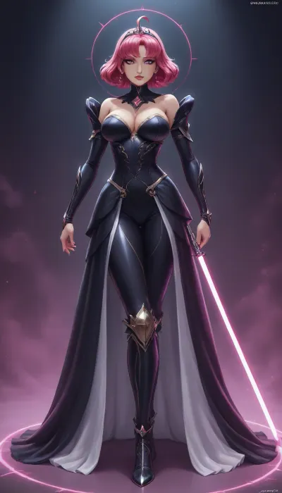 Score_10, A photorealistic, full-body portrait of a tall, striking adult woman elegant Sith Lord. Preserve her natural appearance and proportions. She has a long, softly sculpted oval face with a gently tapered jaw, narrow rounded chin, and a smooth forehead. Her eyebrows are thin, sexy shaped and softly arched. Her large almond-shaped eyes are naturally light green-hazel with a darker outer rim, framed by long, dense eyelashes. As a Sith, transform her irises into luminous amber-gold with subtle fiery orange undertones while maintaining their original shape. She has a slender, straight nose with a softly rounded, tip. Her lips are normal and sexual, with a Cupid’s bow, and soft natural pink coloring. Her complexion is warm and dark sun-kissed with realistic darkly tanned skin, Neon Pink hair is long and curly, majority is swept back dramatically.
She has a slender neck, gently sloping shoulders and a tall, distinctly curvaceous hourglass figure. Her bust is, her rib cage and midsection narrow, and her waist defined with thin hips. Her arms are long and lean with soft natural definition, hands are slender with medium fingers. full shapely thighs and long, proportionate legs. Keep her anatomy realistic, feminine and naturally balanced. sexy lingerie battled hardened Sith Lord rather than a bulky armored soldier. Her fitted Sith ensemble is predominantly anodized pink and metallic black, following the contours of her tall hourglass figure, with elegant, subtle armor panels and polished metallic-pink detailing. flowing black Sith cloak that moves dramatically behind her. Her posture is upright and commanding, shoulders back, chin slightly raised, conveying controlled confidence and quiet danger.
In one hand she holds a spectacular custom pink lightsaber. The blade is brilliant hot-magenta pink, vivid pink atmospheric glow illuminating her face, hand and surrounding surfaces. Its hilt is luxurious polished black onyx, with pink diamond, slender and elegant, dark inset grip sections, intricate mechanical detailing and an ornate sculpted emitter. Give her a calm, sexual expression rather than exaggerated anger. Her bright neon pink eyes, elegant appearance and composed demeanor should contrast with the threatening energy of the weapon. Use cinematic dramatic lighting, realistic skin, hair and fabric detail, subtle atmospheric haze, strong pink reflections from the lightsaber, deep shadows, and mirrored highlights. Full body, head-to-toe composition, realistic proportions, high-end cinematic, pink perfect eyes, huge breasts, <lora:princess_xl_v2:.8>, dress, <lora:xl_princess_dress-2.0:.8>, Bl4ckF1r3, woman, blackhair, outfit, bodysuit, <lora:Blackfire:.8>, sapphire, (jewel, princess), short, hair, ahoge, blue, eyes, medium, breasts, ornament, ribbon, <lora:eea6761f-fe03-461b-b012-c132ffe0dbe4.TA_trained:.8>, Z4r4, Th3, Pr1nc3ss, M4g1c14n, princess, weapon, attack, pose, monster, <lora:Zara_The_Princess_Magician:.8>