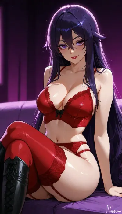 Melkor mancin meet markgavatino style, (((beautiful bright purple big anime eyes))), slut ready to fuck you in lingerie, Dark Purple eyeliner, long eye lashes, red lipstick, 25 years old cutie, (short petite height with medium cleavage), ((purple background, lurid neon blurry background, lounge)), warm strong lighting, red garter stockings, thick long boots, crossed legs showing ass and panties, sultry smile, long hair